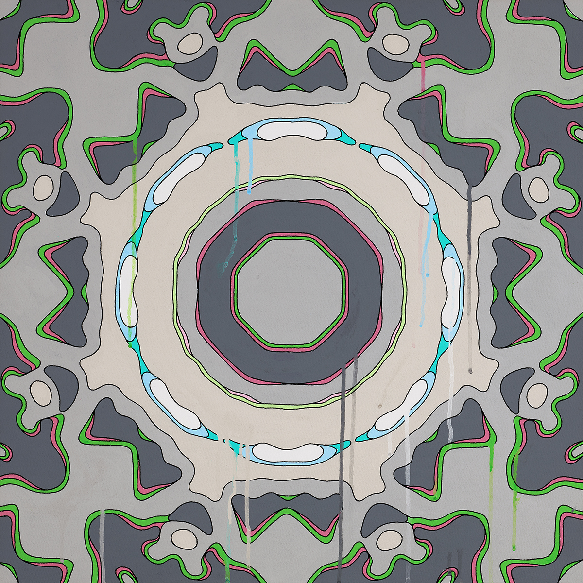 <br/>Canna Umbrinus Toggle, 5/13/2025<br/>24" x 24"<br/>acrylic and opaque marker on canvas